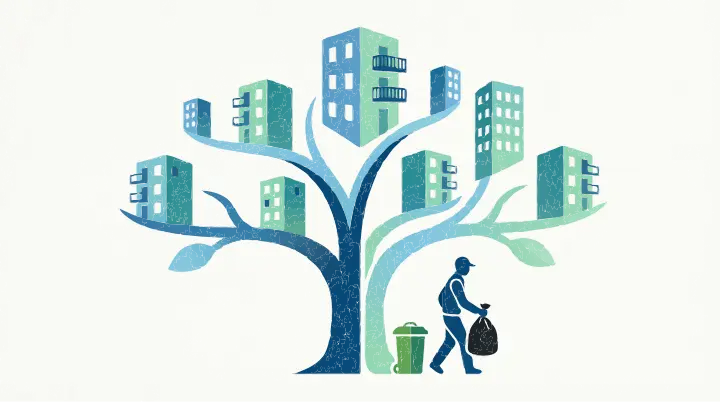 Эйва — сервис выноса мусора: дерево с домами и курьер